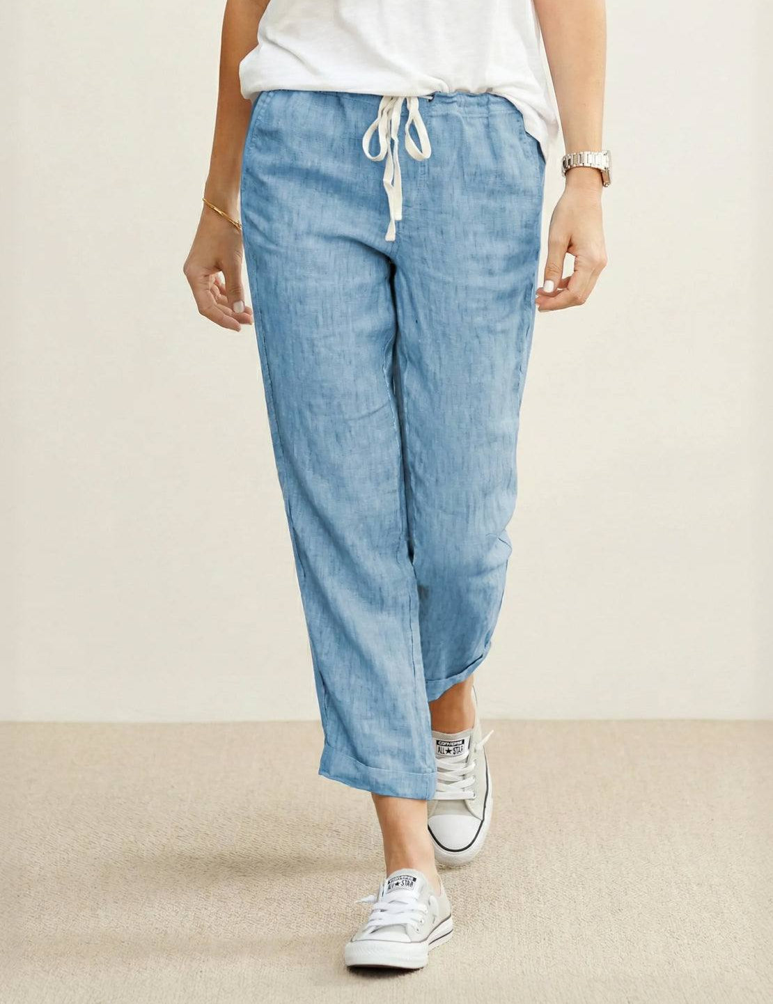 Elaine Beauchamp | Women's Linen-Look Drawstring Straight-Leg Trousers