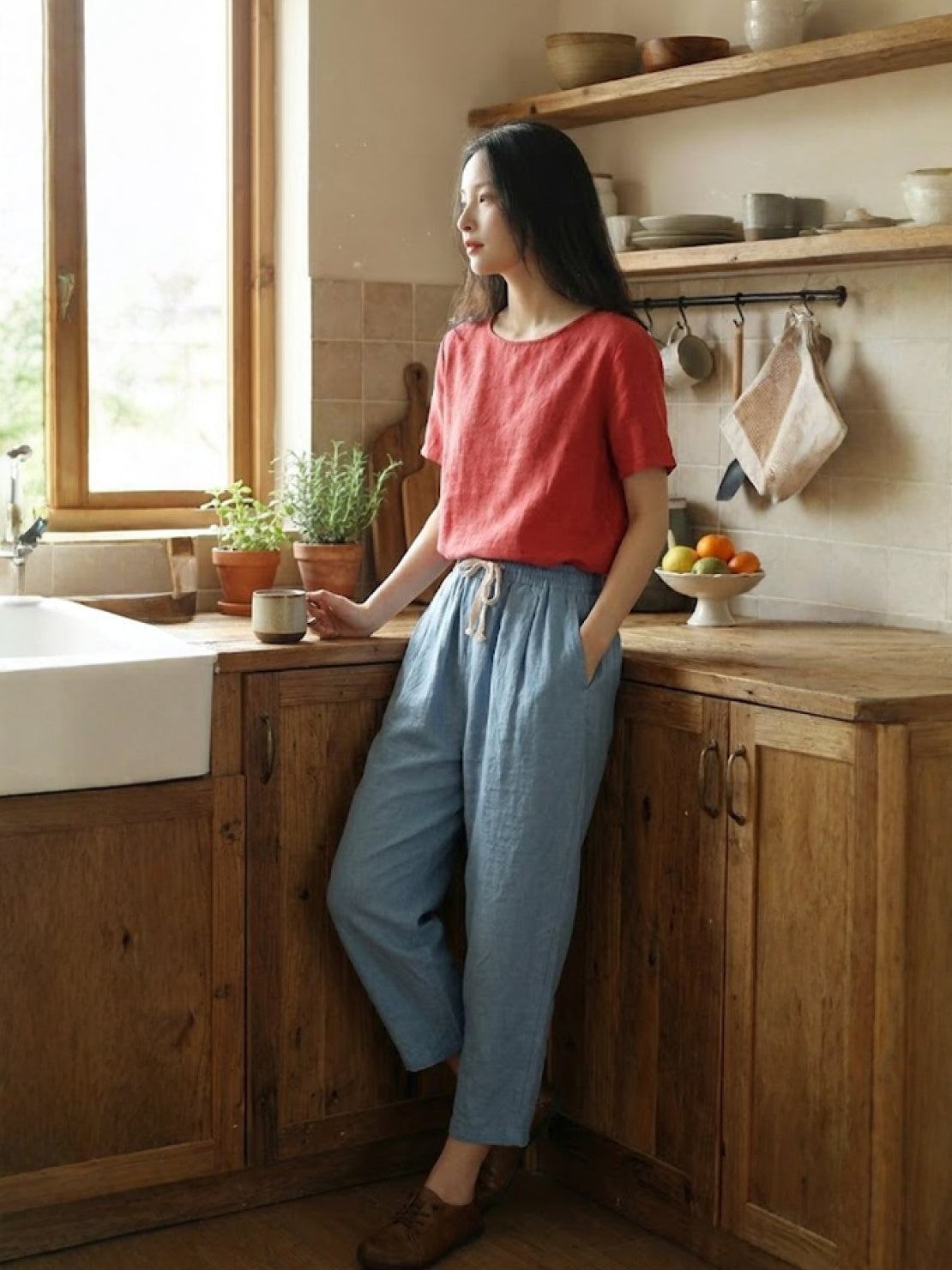 Elaine Beauchamp | Women's Linen-Look Drawstring Straight-Leg Trousers