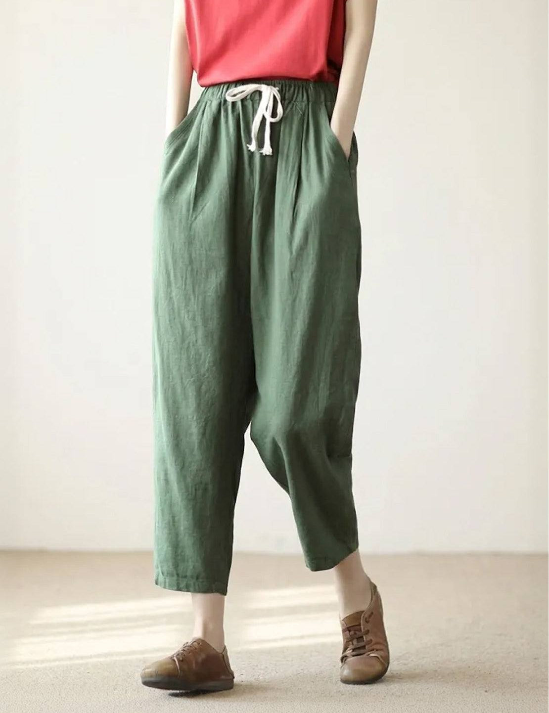 Elaine Beauchamp | Women's Linen-Look Drawstring Straight-Leg Trousers