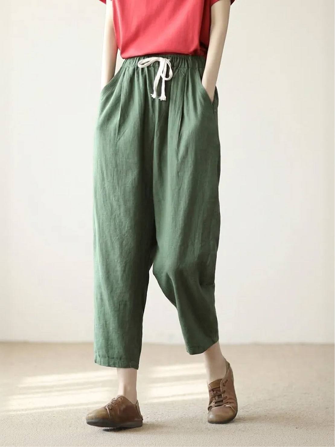 Elaine Beauchamp | Women's Linen-Look Drawstring Straight-Leg Trousers