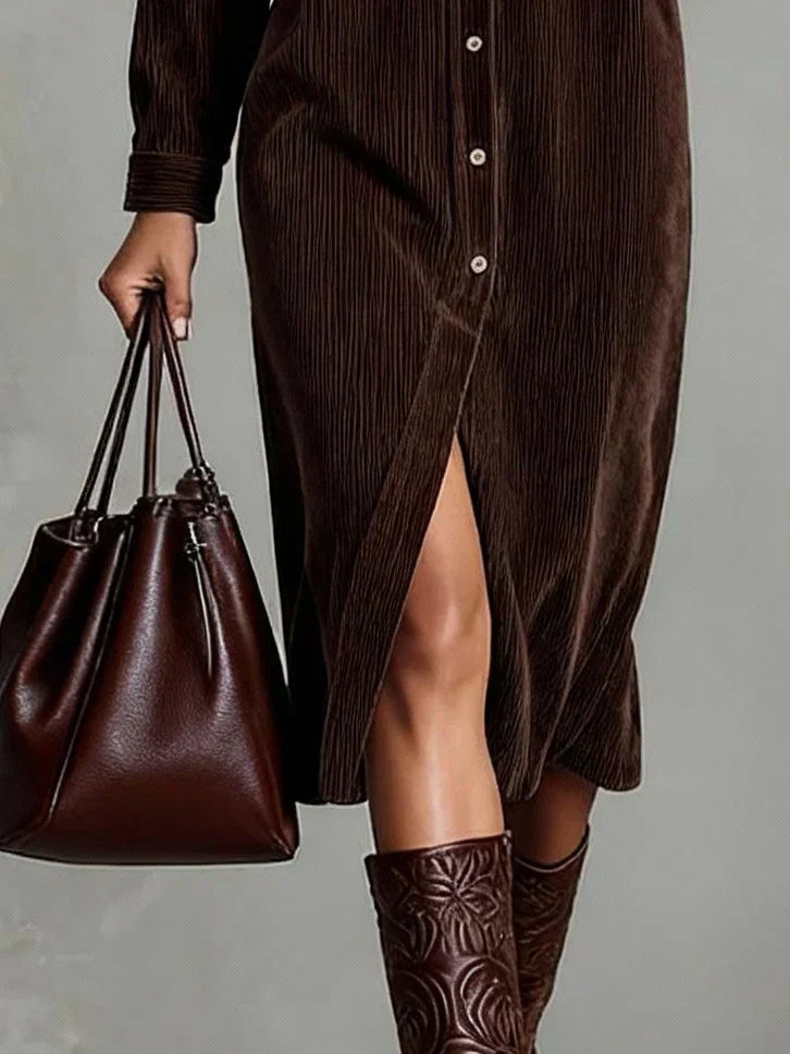 Corinthia Blackwell | Camel Corduroy Midi Shirt Dress