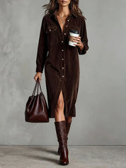 Corinthia Blackwell | Camel Corduroy Midi Shirt Dress