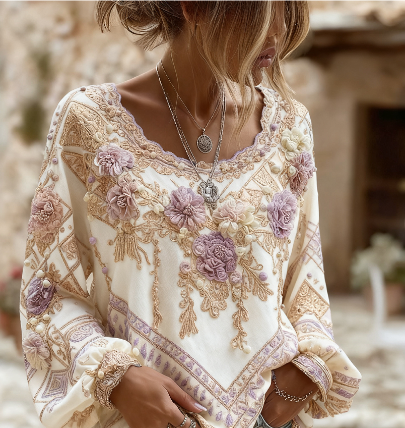 Ines Delacourt | Floral Embroidered Boho Blouse For Women