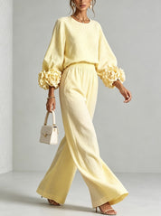 Oaklyn Merfield | Ruffle Cuff Top & Wide Leg Pants Set For Women