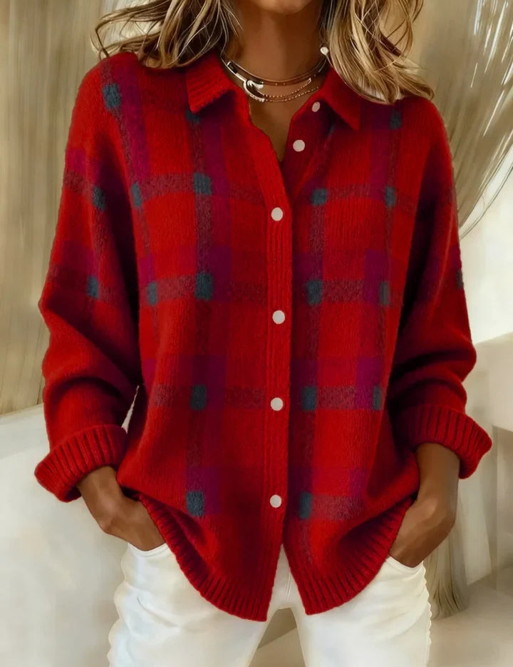 Helena Stirling | Plaid Knit Button-Up Sweater For Women