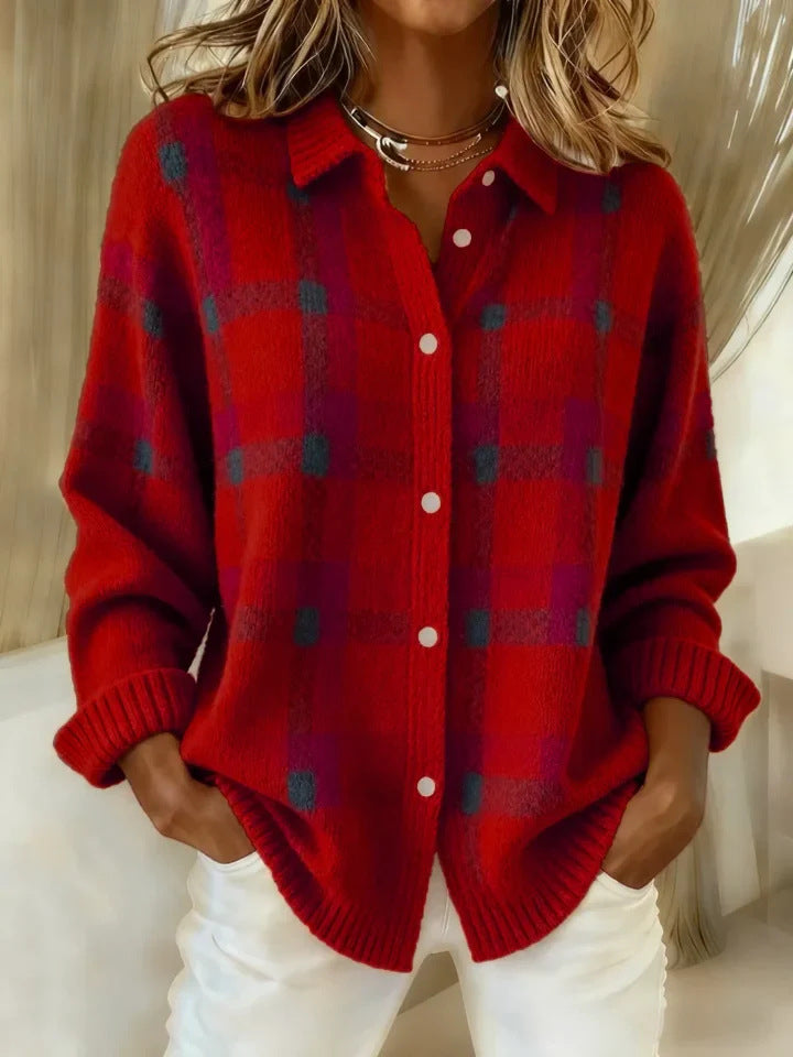 Helena Stirling | Plaid Knit Button-Up Sweater For Women