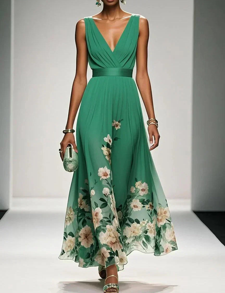 Celestine Dawnmore | Light Blue Floral Maxi V-Neck Dress