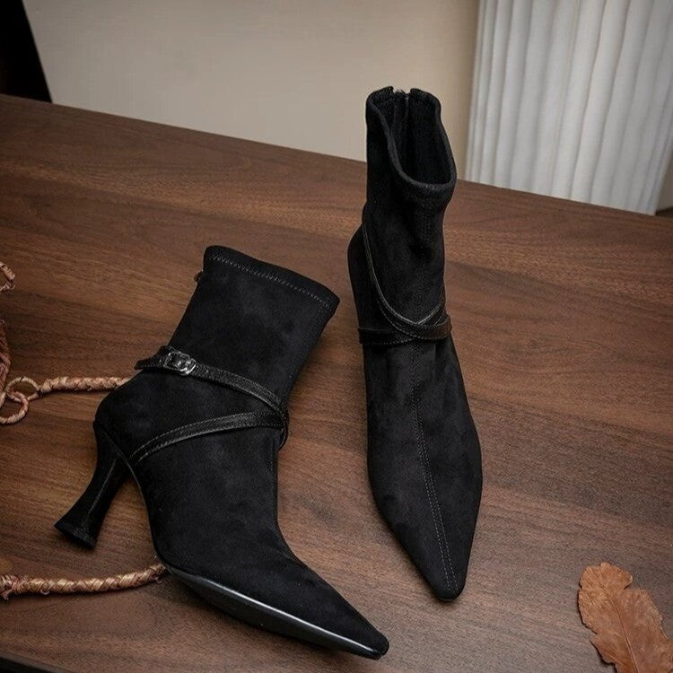 Rosalind Duquesne | Suede Stiletto Ankle Boots With Buckle Strap