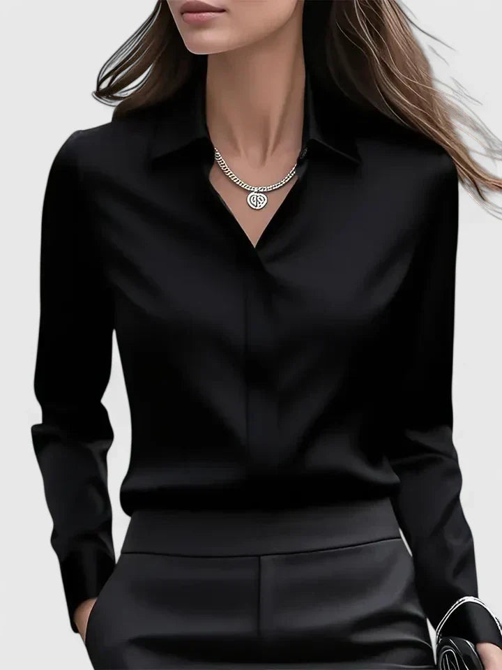 Vivienne Hartwell | Navy Blue Satin Long-Sleeve Button-Down Shirt