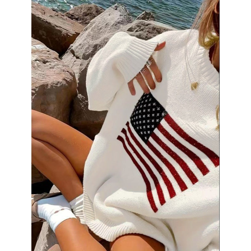 Tara Winsfield | American Flag Crew-Neck Pullover Sweater For Women