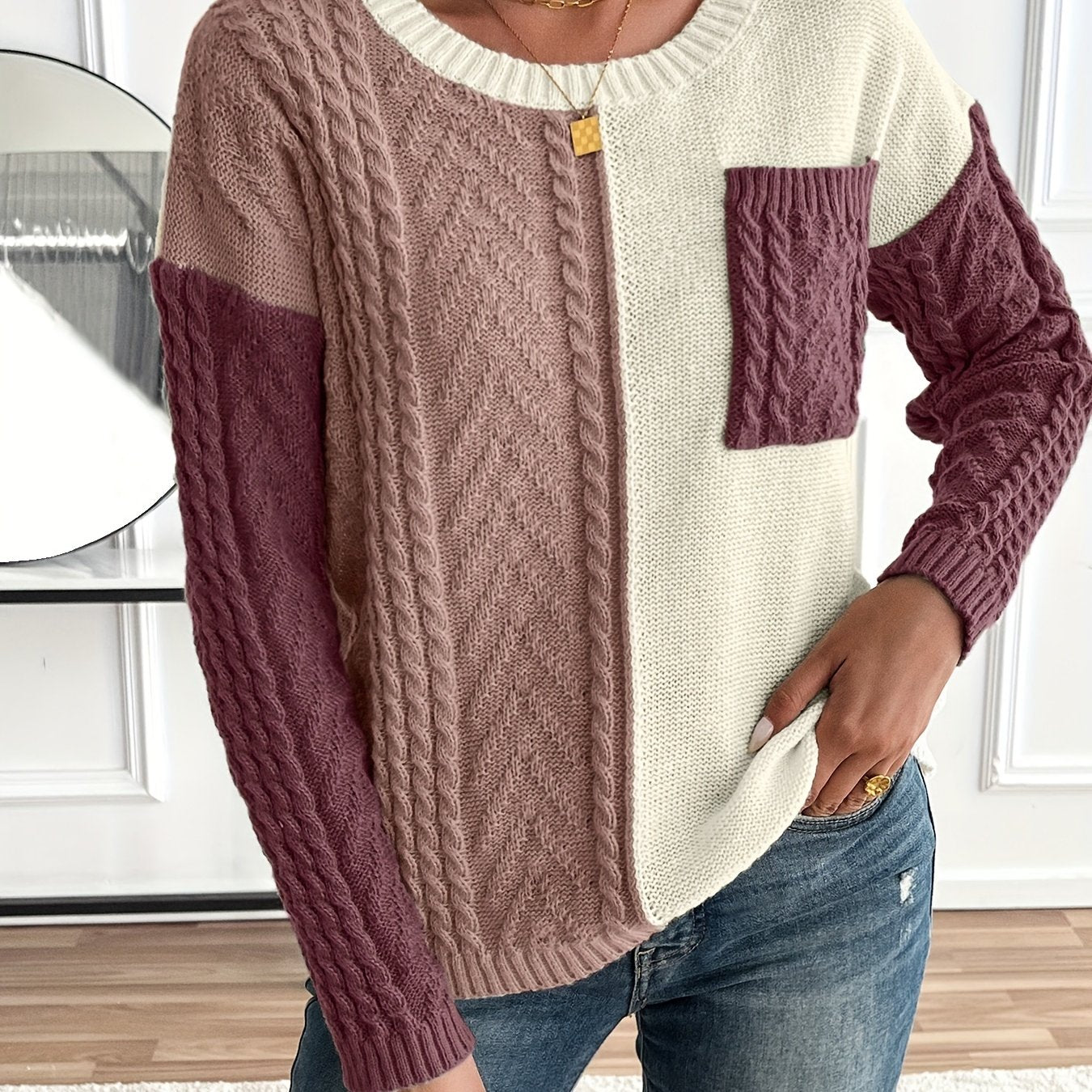 Esme Selham | Color Block Cable Knit Sweater For Women