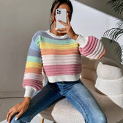 Celine Vosscroft | Rainbow Stripe Lantern Sleeve Crop Sweater For Women