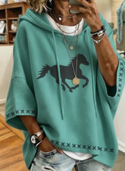 Waverly Fontcombe | Retro Horse-Print Hooded Cropped-Sleeve Sweatshirt For Women