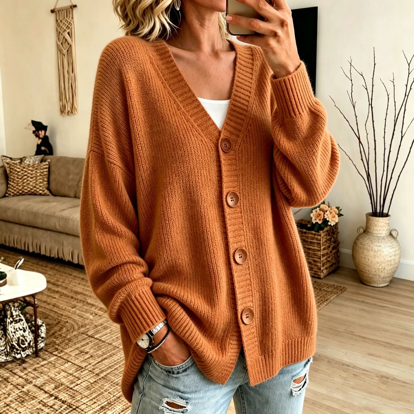 Adeline Fontrose | Buttoned V-neck Knitted Cardigan Sweater For Women