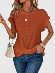 Thalia Wentmore | Rust Orange Waffle Knit Crew Neck Blouse