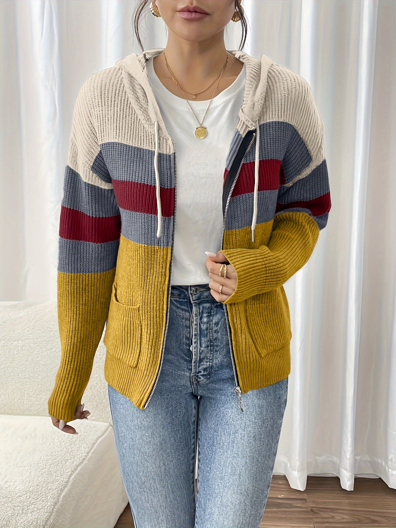 Harriet Devon | Colour-Block Zip Hoodie With Ribbed Knit For Women