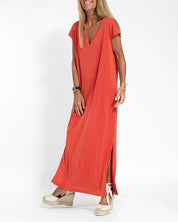 Margeline Vossclair | Coral V-Neck Side Slit Maxi Dress