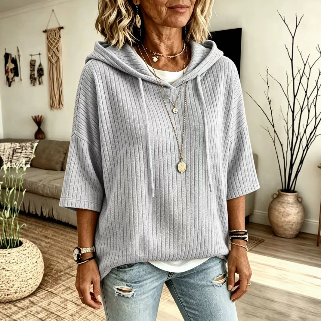 Cassandra Bellmore | Ribbed Hooded Drawstring Sweatshirt For Women