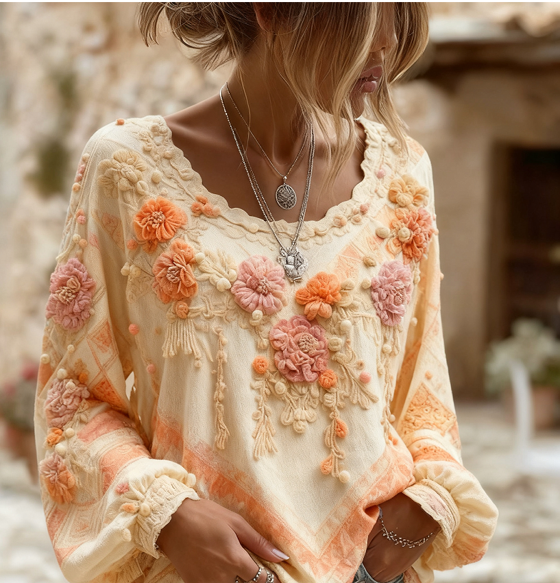 Ines Delacourt | Floral Embroidered Boho Blouse For Women