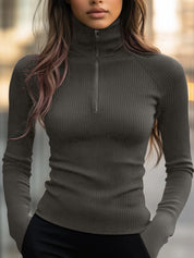 Ines Chatelain | Ribbed Knit Zip Turtleneck Top For Women