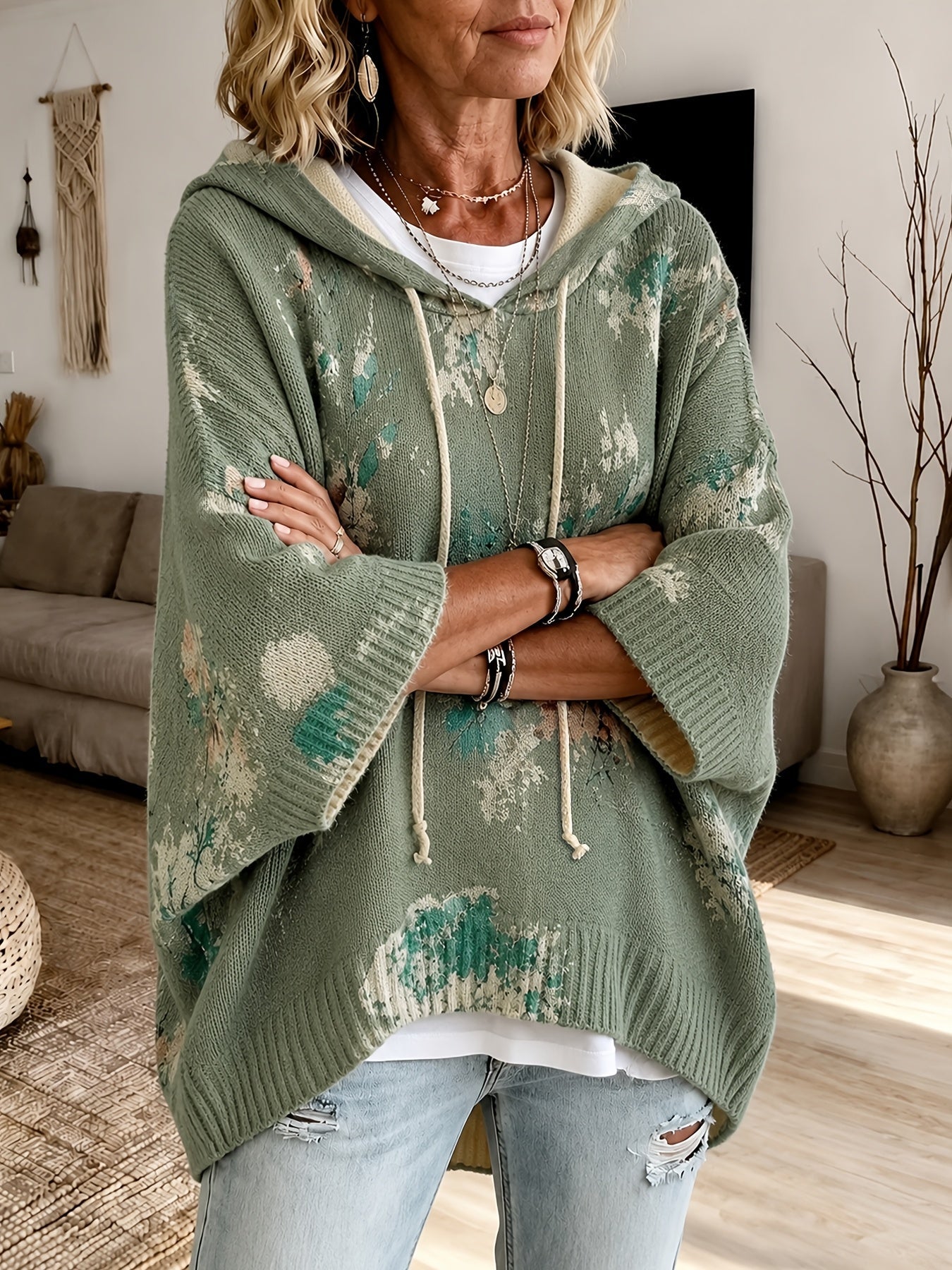 Isadora Beaulieu | Floral Hooded Cape Sweater For Women