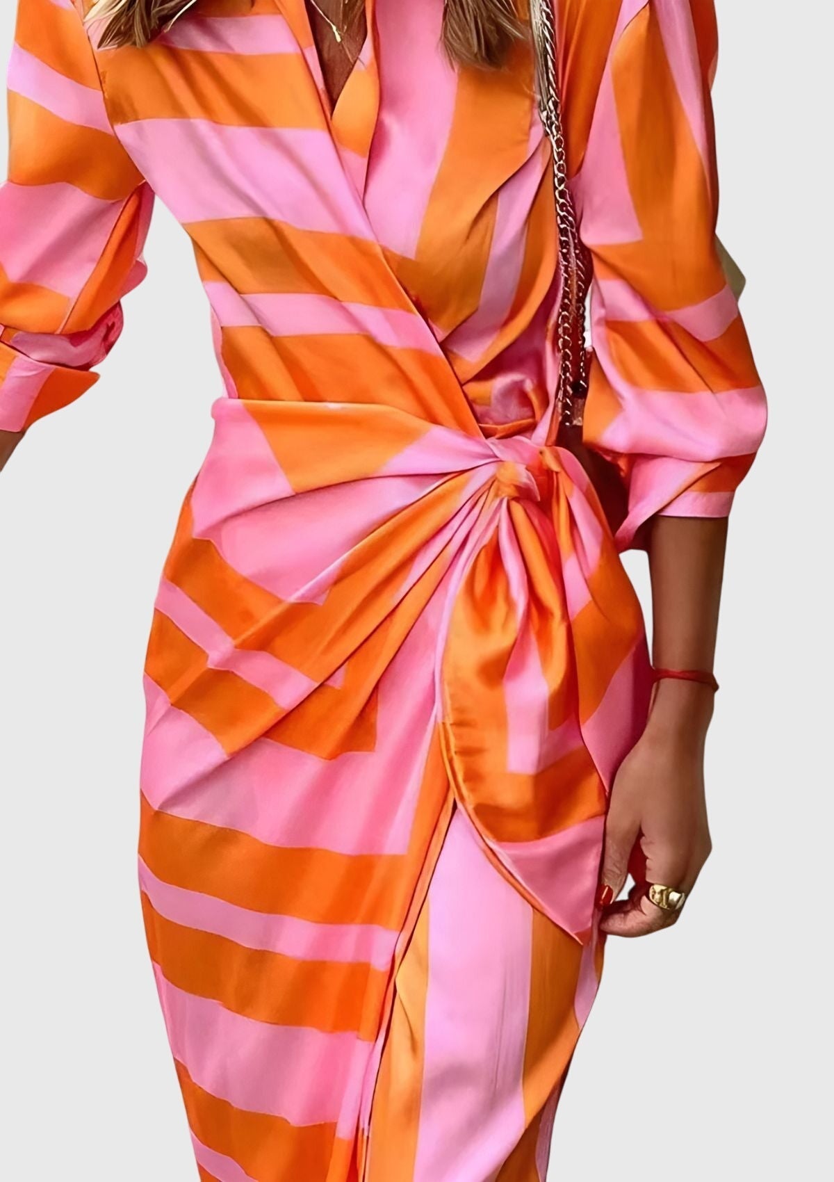 Delphine Vauclaire | Orange & Pink Geometric Print Wrap Midi Dress