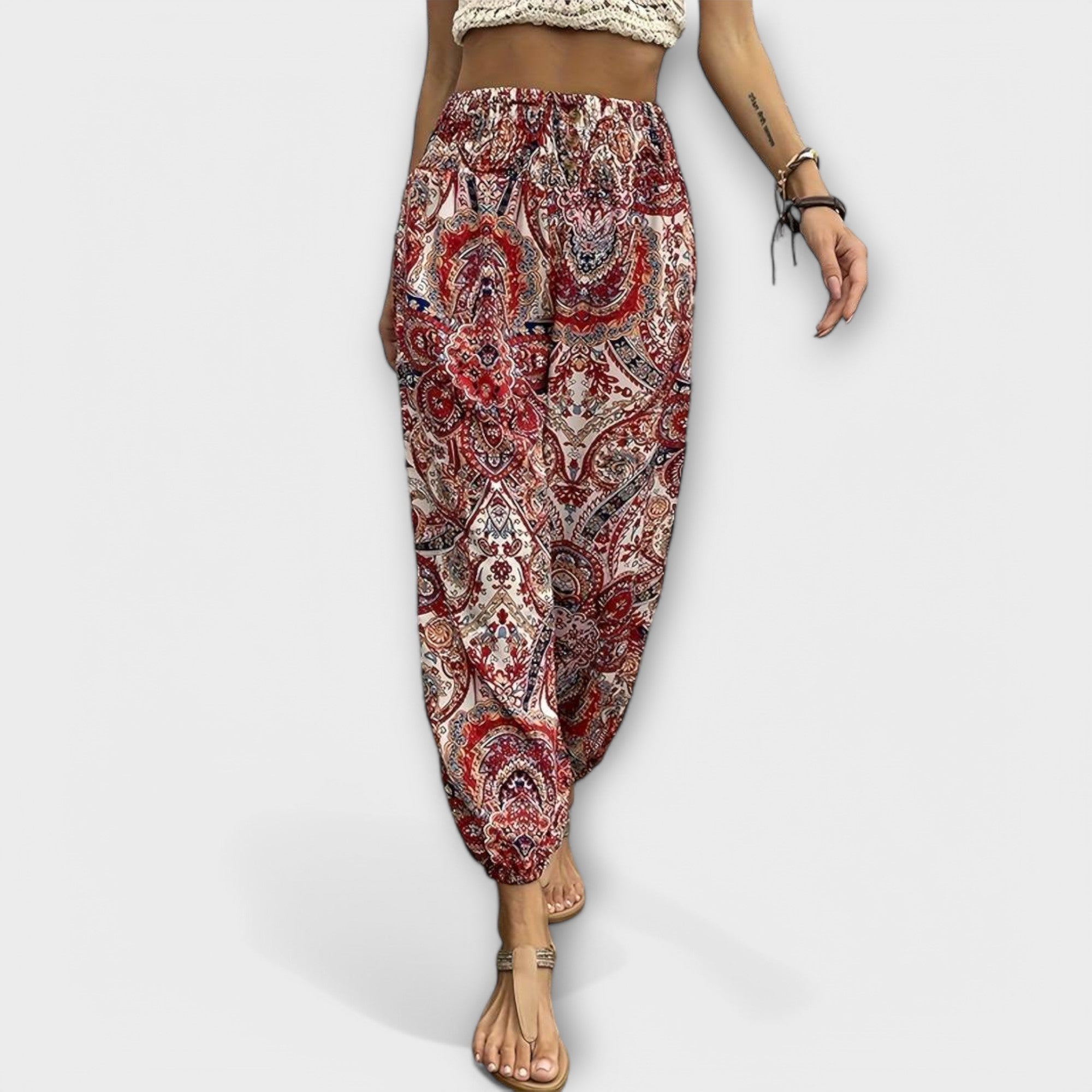 Giselle Tamberlaine | Boho Ethnic Print Smocked Waist Harem Pants