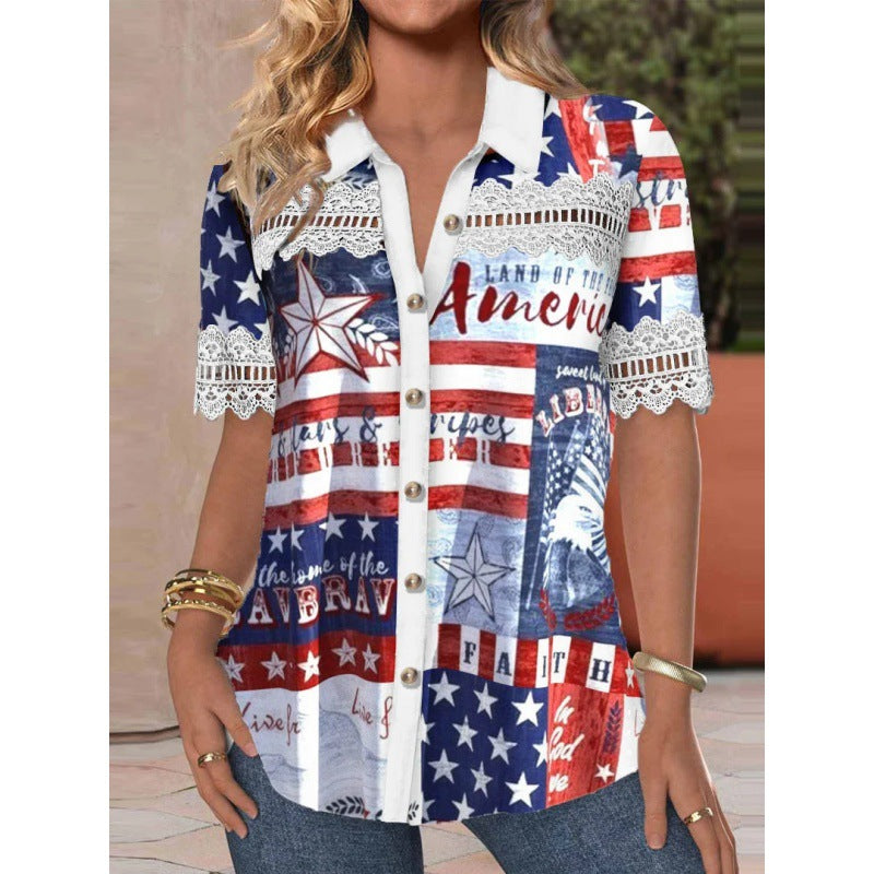 Renata Clearfield | American Flag Print Button-Down Shirt For Women