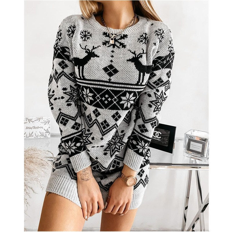 Delphine Chastain | Christmas Reindeer Knit Sweater Mini Dress For Women