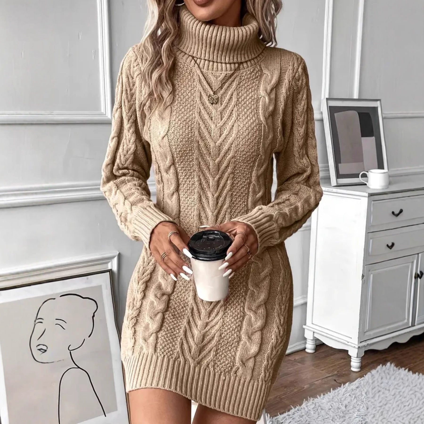 Fiorella Montague | Cable Knit Turtleneck Sweater Dress For Women