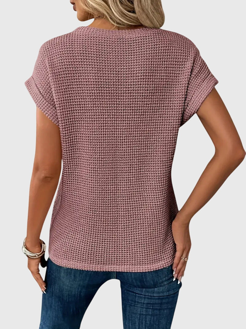 Thalia Wentmore | Rust Orange Waffle Knit Crew Neck Blouse