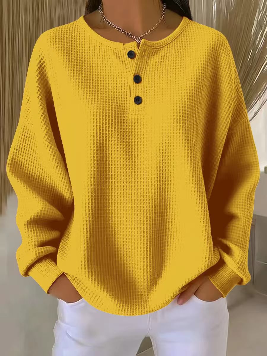 Marlena Whitfield | Waffle Knit Henley Pullover Top For Women