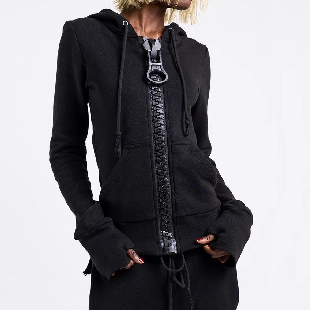 Marceline Auvray | Statement Zipper Hoodie With Thumbhole Cuffs For Women