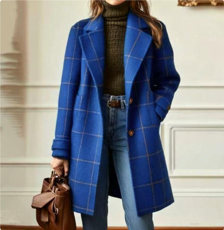 June Henfield | Plaid Notch Lapel Mid-Length Coat For Women