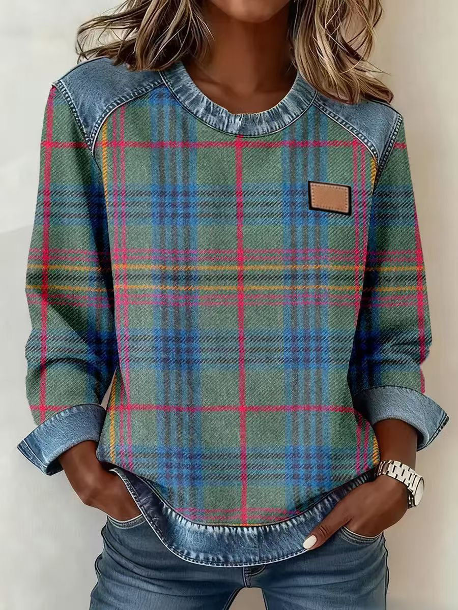 Jessie Belwell | Plaid Denim-Look Patchwork Sweatshirt For Women