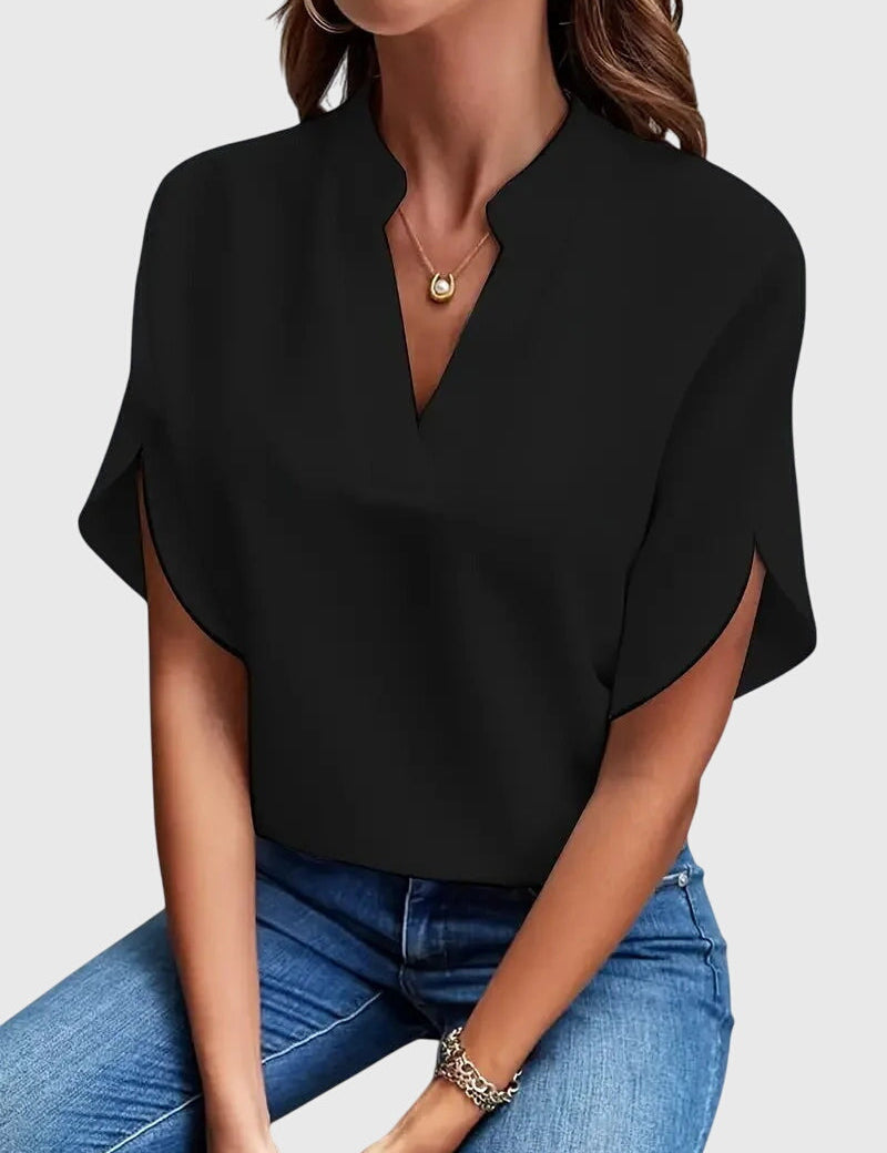 Sylvana Bretoncourt | White V-Neck Short Sleeve Blouse