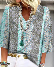 Elaine Vossberg | Ditsy Floral Patchwork V-Neck 3/4 Sleeve Top