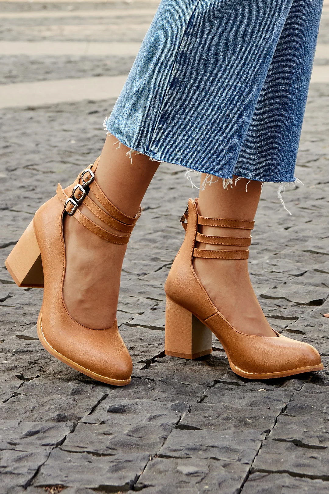 Mathilde Renoncourt | Tan Block Heel Sandal with Double Ankle Strap