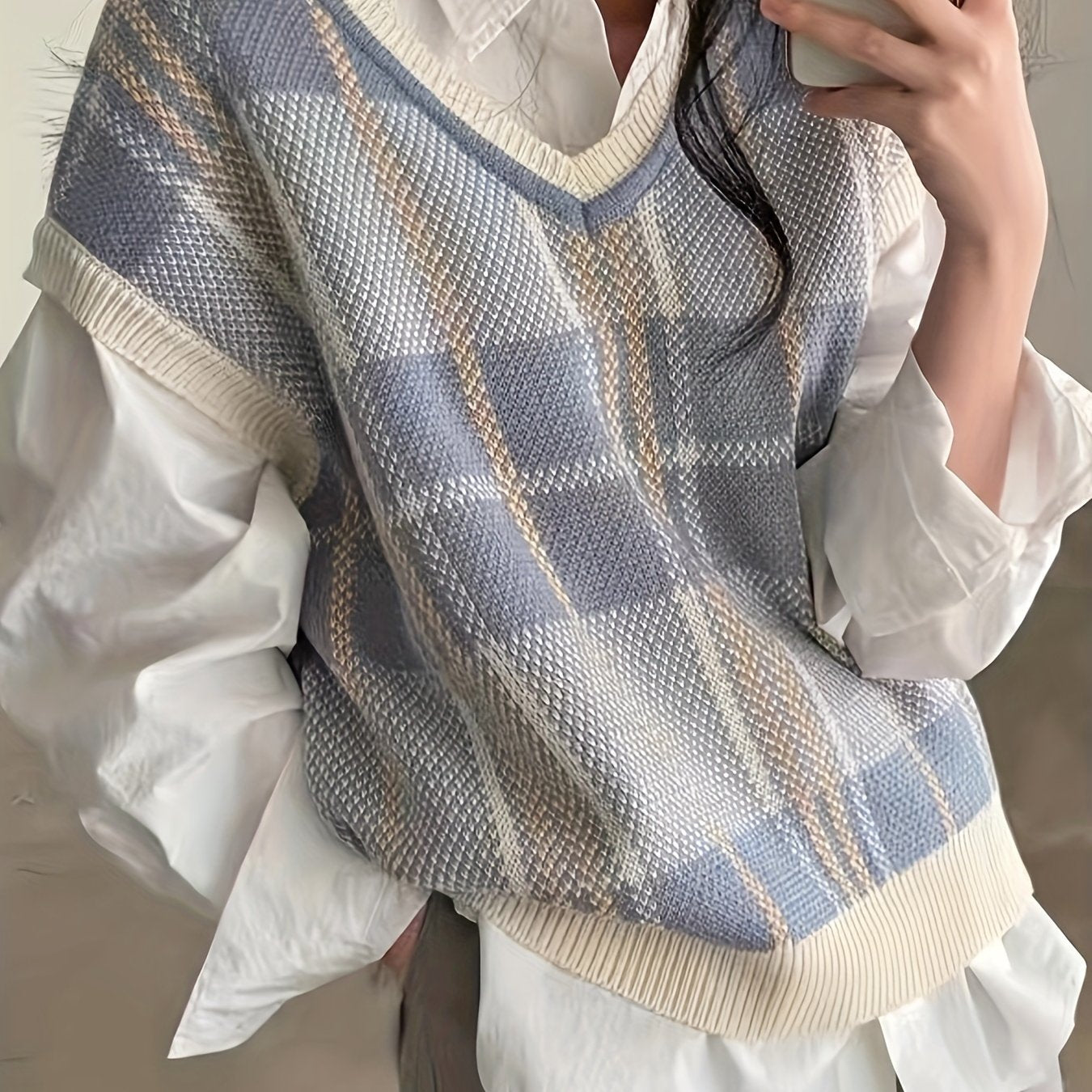 Margaux Delaroche | Vintage Plaid V-Neck Sweater For Women