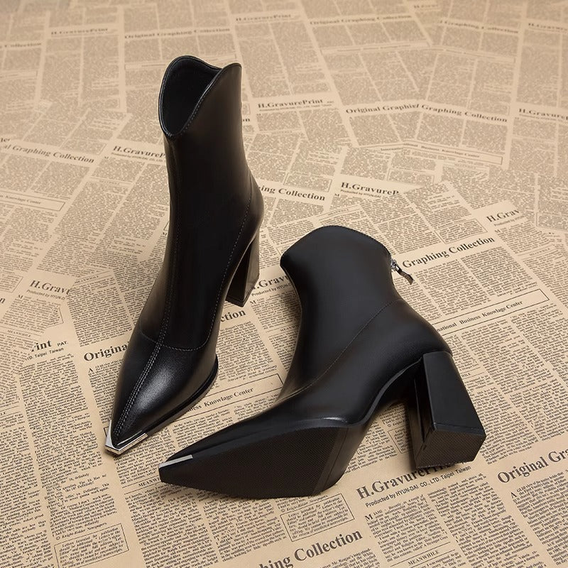 Amélie Rousset | Pointed Toe Chunky Heel Ankle Booties For Women