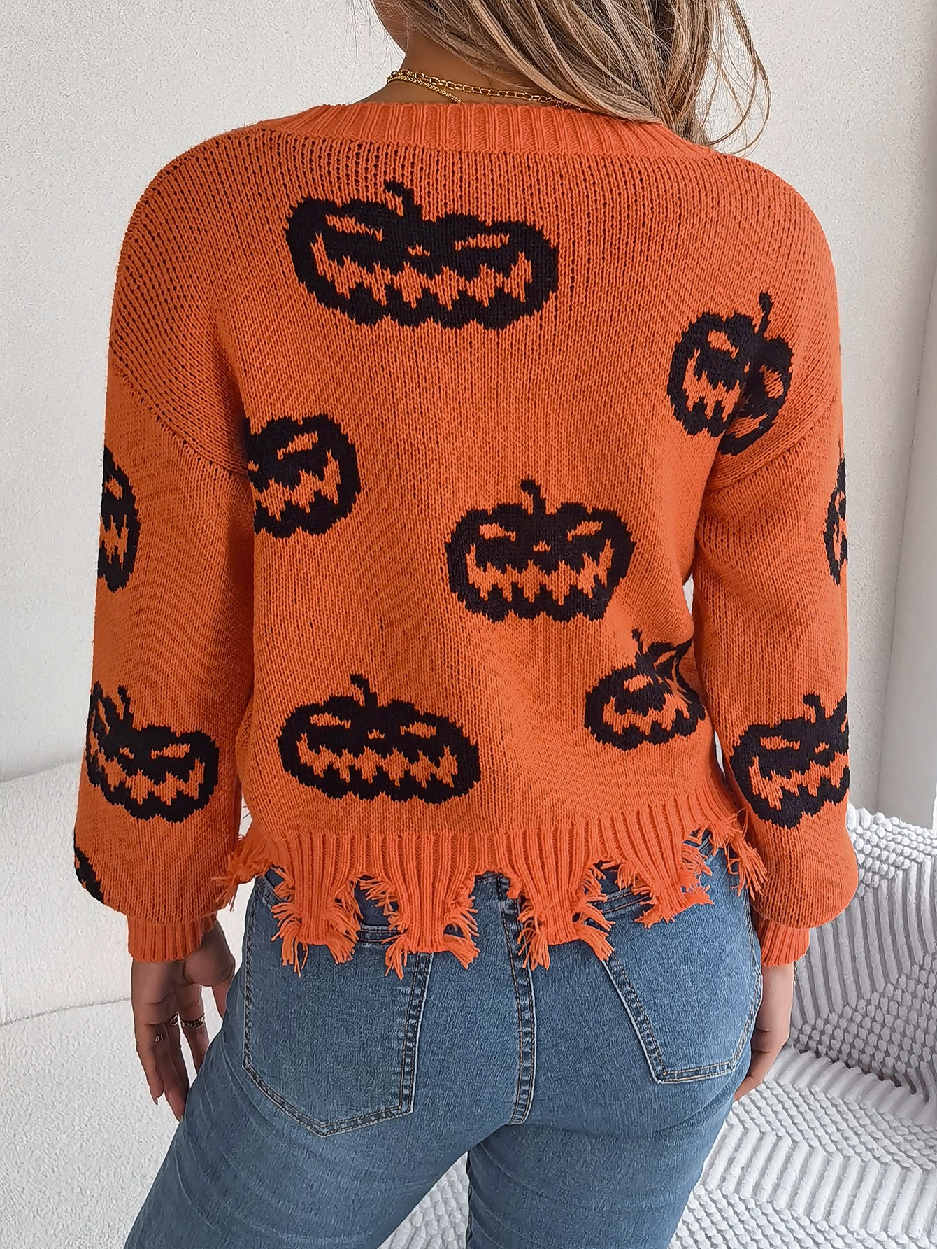 Marina Castellucci | Pumpkin Print Distressed Sweater For Women