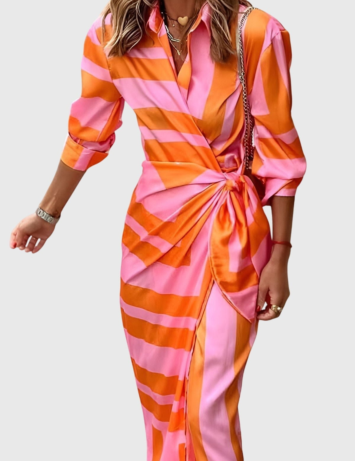 Delphine Vauclaire | Orange & Pink Geometric Print Wrap Midi Dress