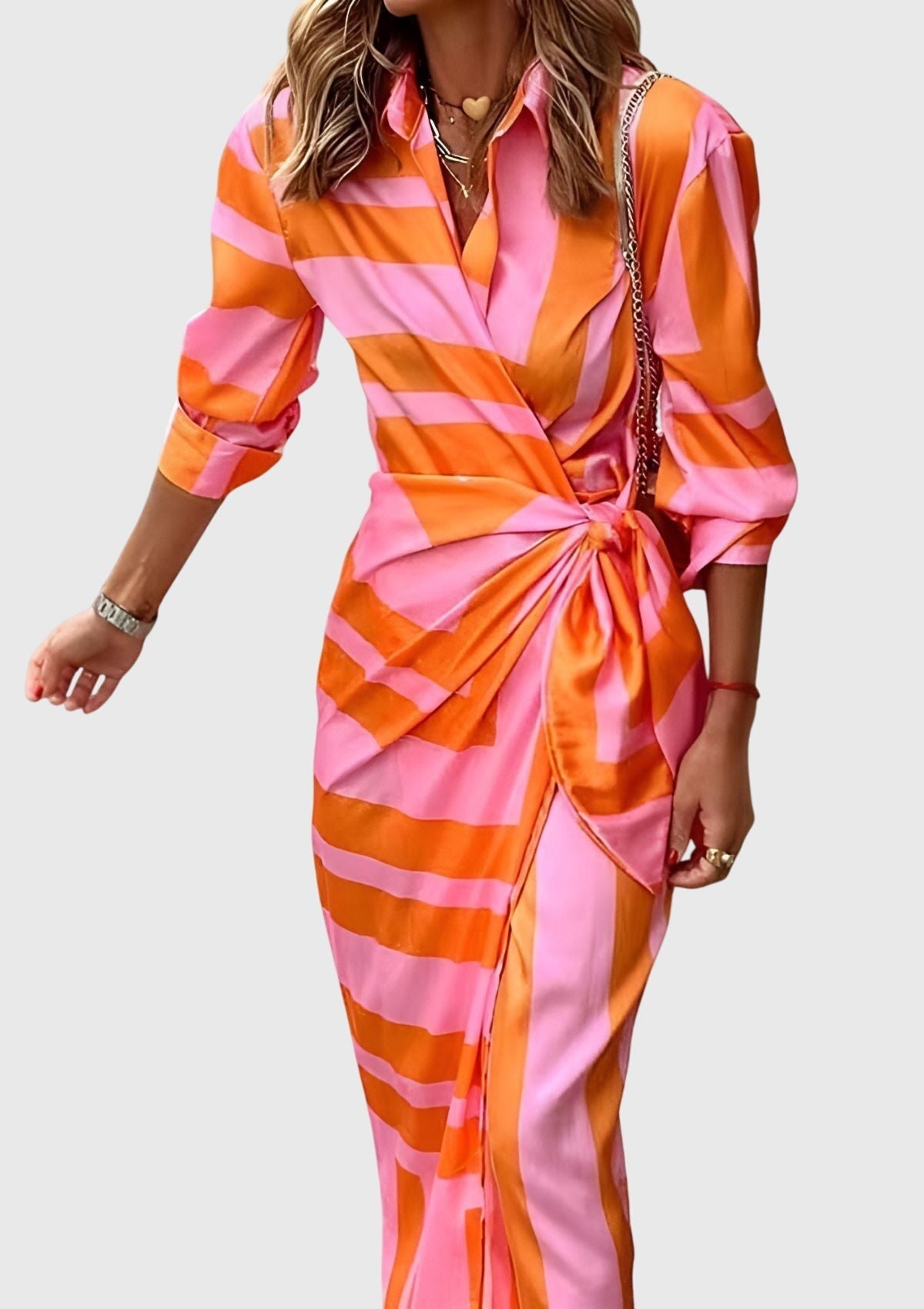 Delphine Vauclaire | Orange & Pink Geometric Print Wrap Midi Dress