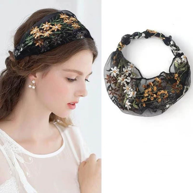 Floral Lace Headband Scarf - Black & Champagne