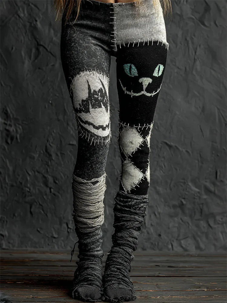 Vivienne Hartley | Patchwork Cat & Skull Print Leggings For Women