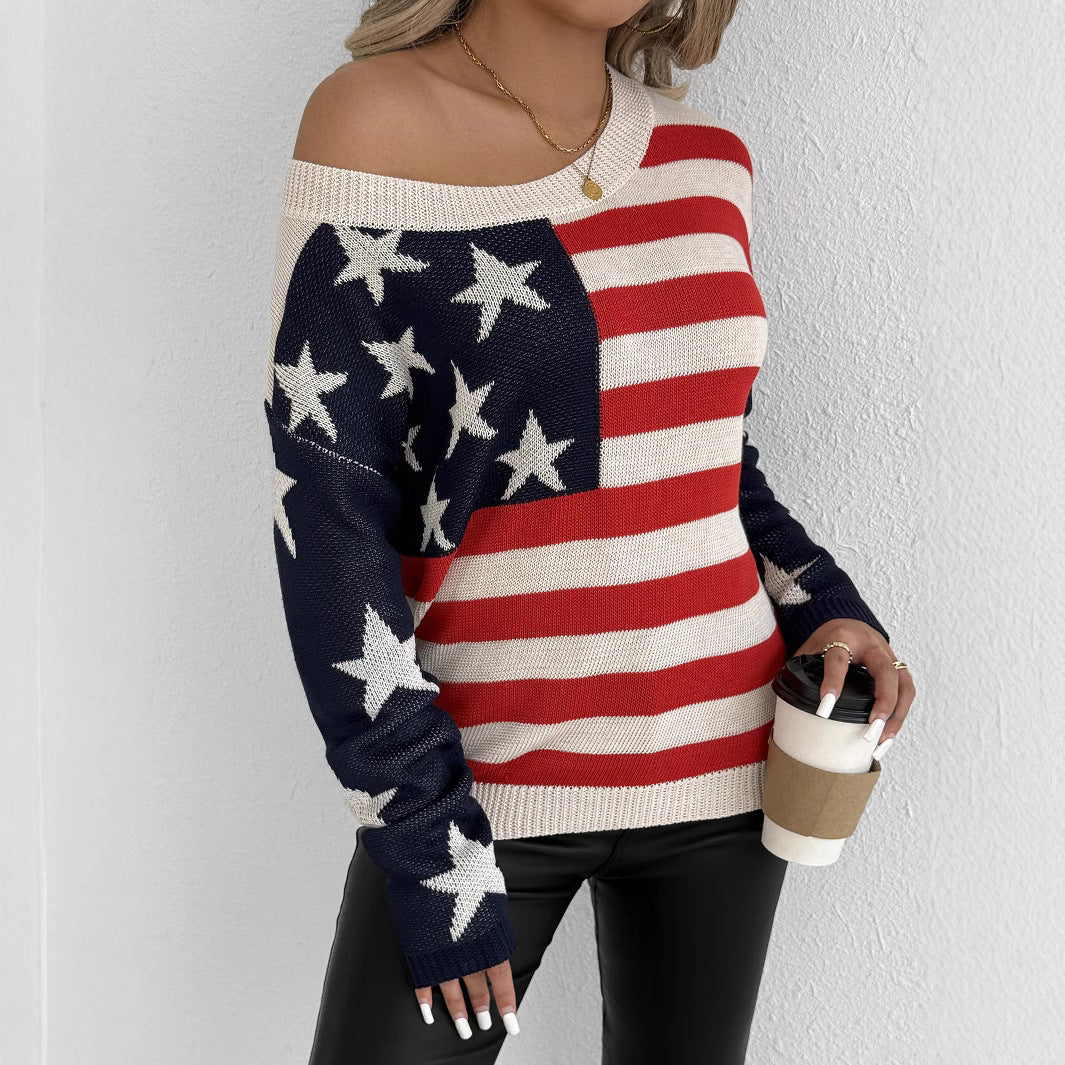 Charlotte Monroe | American Flag Off-Shoulder Knit Sweater For Women