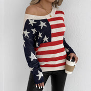 Charlotte Monroe | American Flag Off-Shoulder Knit Sweater For Women