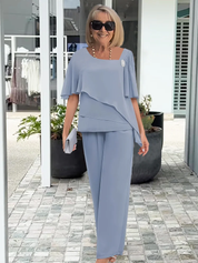 Dorothea Valmontaine | Elegant Blue Chiffon Two-Piece Pants Set