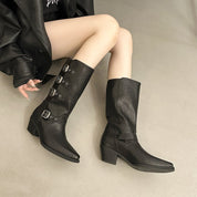 Ivory Bramcroft | Black Western Buckle Mid Calf Boots For Women