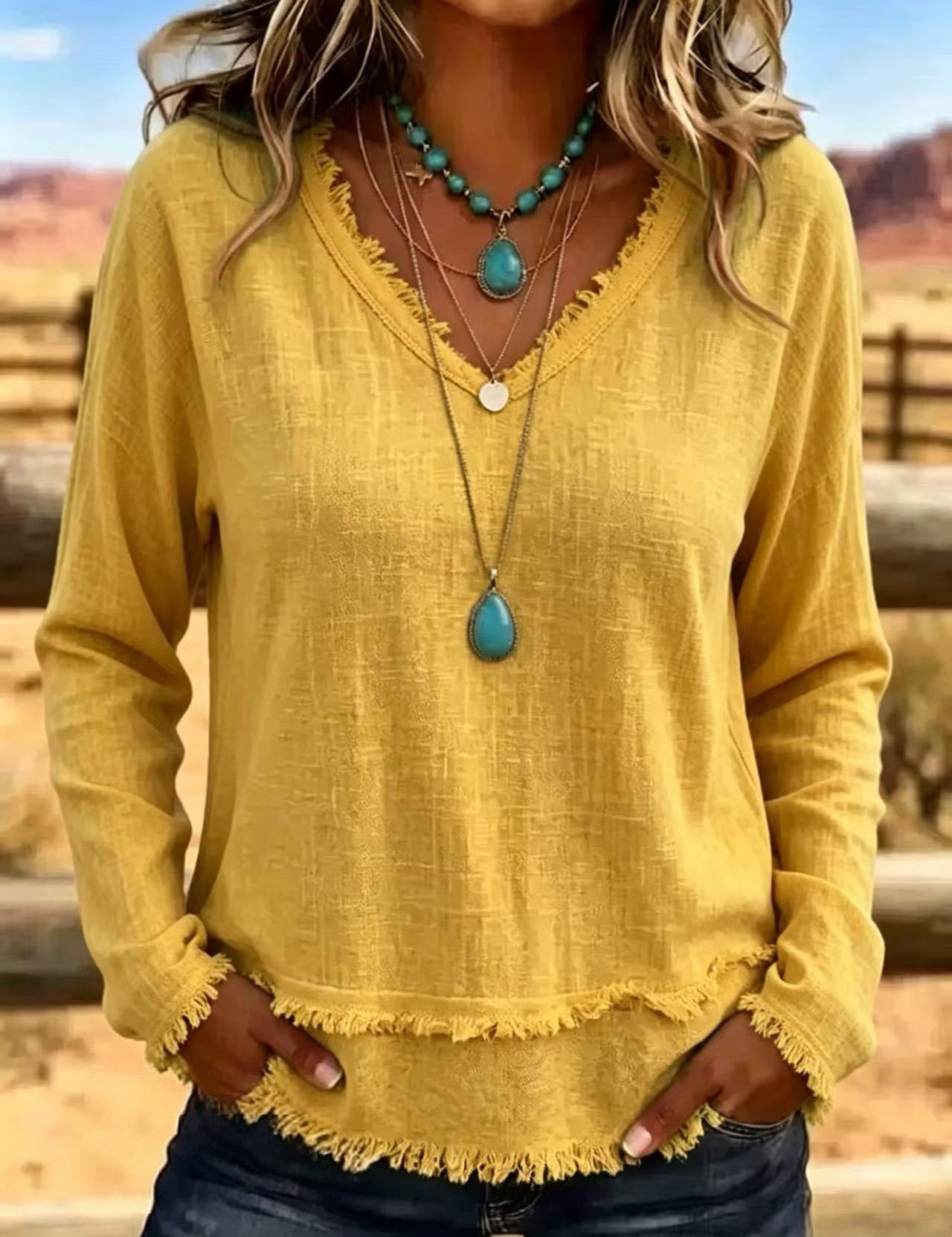 Isabelle Rousseau | Frayed V-Neck Long Sleeve Top For Women